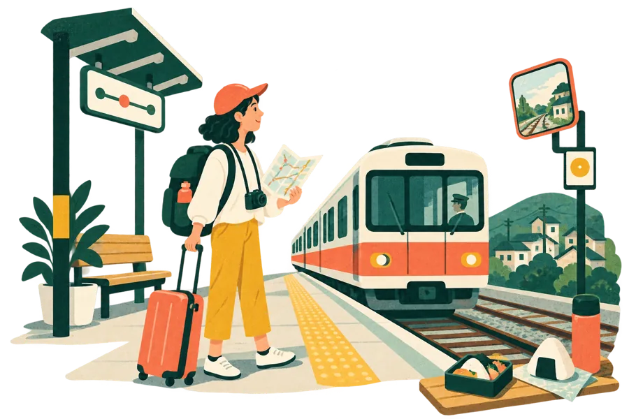 Una viajera y un tren local en Japón