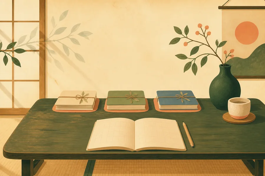 Acuarela de un cuaderno abierto y tres materiales que aprenderás más adelante