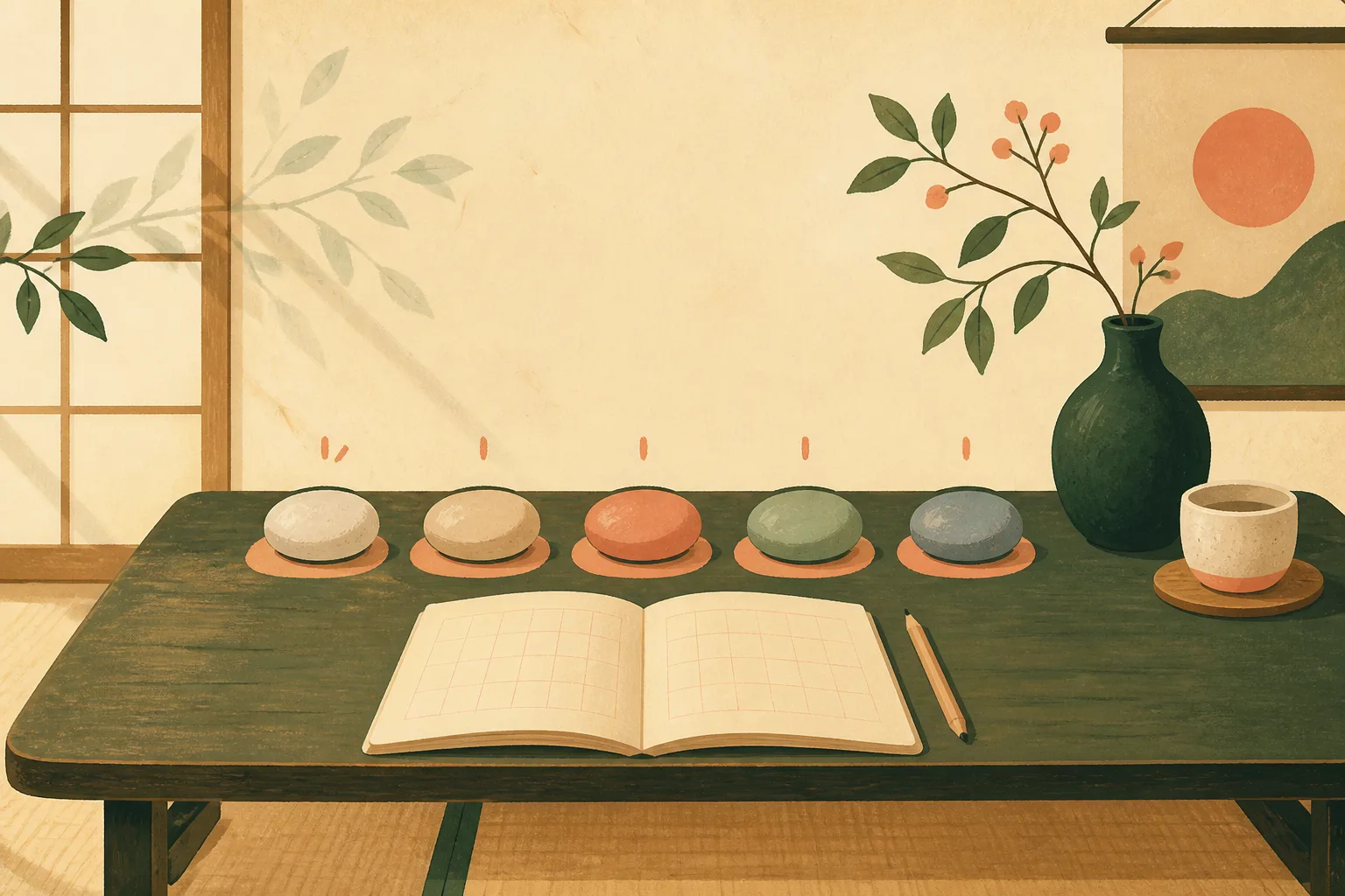 Cinco pulsos de ritmo sobre una mesa japonesa para practicar los sonidos