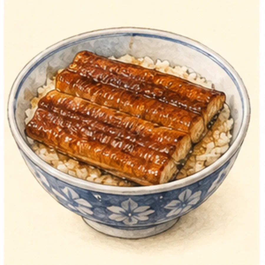 Ilustración de bol de arroz con anguila